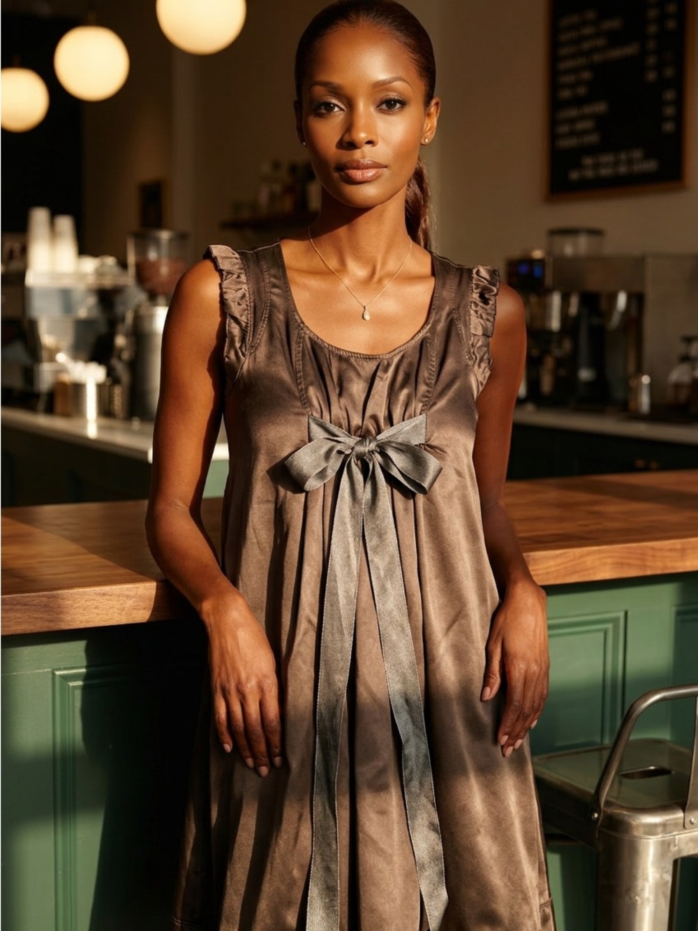 DKNY Chocolate Brown Satin Midi Empire Waist Bow Coquettegirl Party Dress-2
